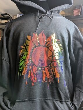 Black Hoodie with Holographic Oil Slick Drippy Sunflower Handcrafted